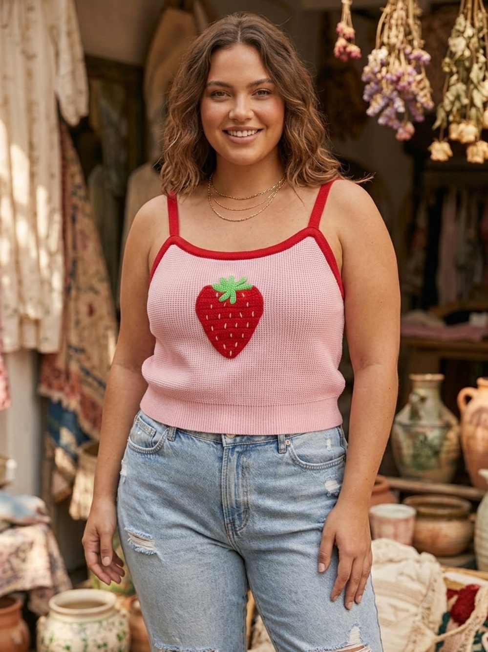 Sweet Society Strawberry Crochet Knit Tank 1X pink red